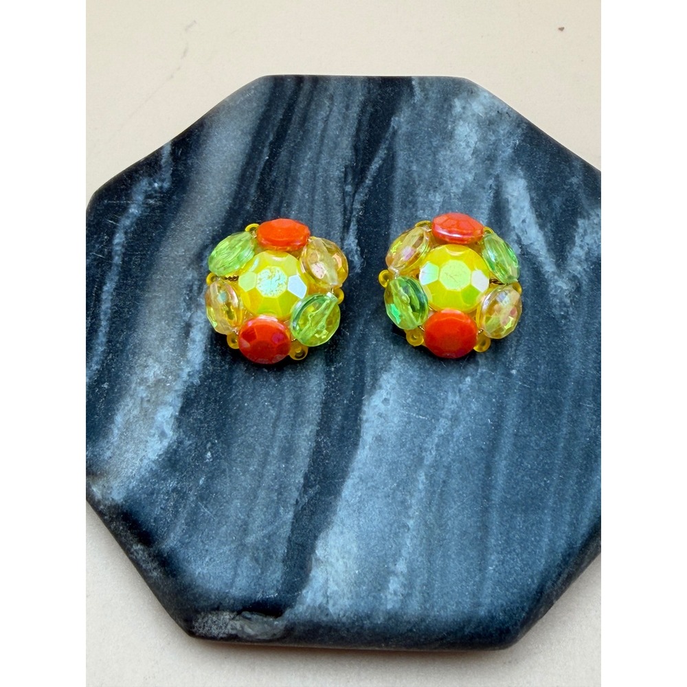 Vintage Western Germany‎ Beaded Clip On Earrings Yellow Green Orange AB Glass
